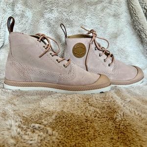 Pink suede combat boots